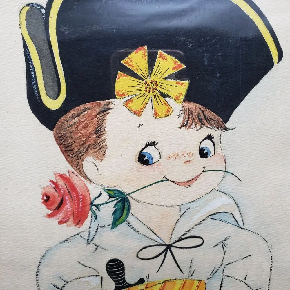 Vintage Child Art Paintings Pirate Astronaut Set Framed Watercolor Signed